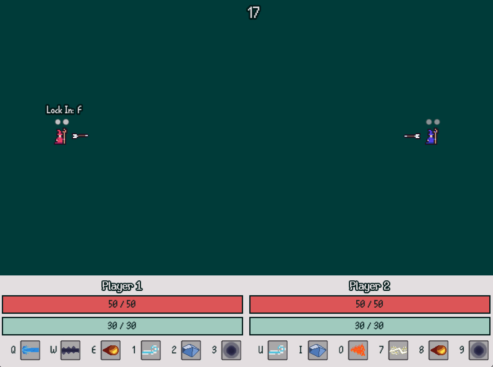 A player shooting Water Jet at another player, coating the ground in water, and then the other player punching the water back as ice shards using Ice Punch.
